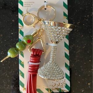 Gold Crystal Martini Bag Charm Keychain with Red Tassel and Green Bead Accents